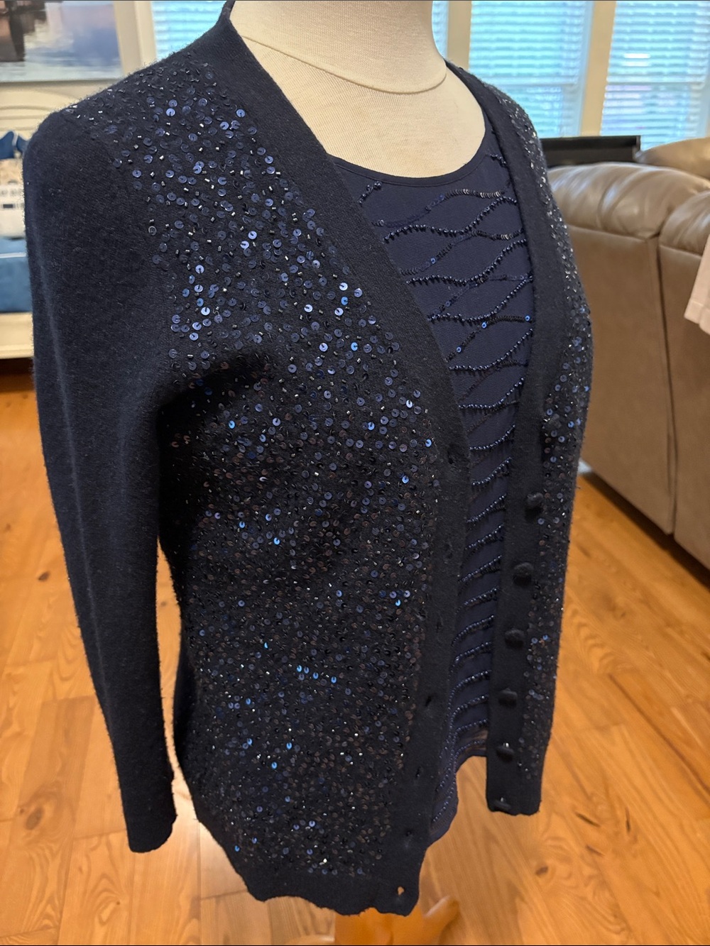 Talbots Navy Sequin Button-Front Cardigan